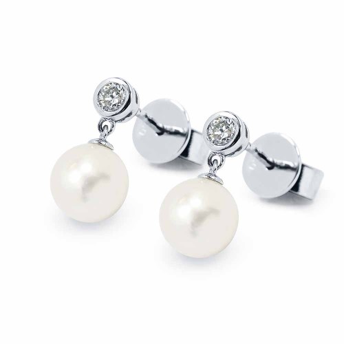 Igazgyöngy fülbevaló bouton gyémánttal - fehérarany