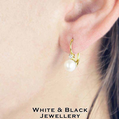 Gyöngy fülbevaló gyémántokkal - 6mm - kapcsos, arany